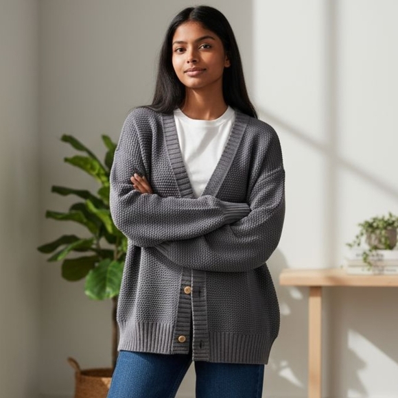 Free People Gray Waffle Knit Oversized Hailee Cardigan Sweater - Picture 2 of 14